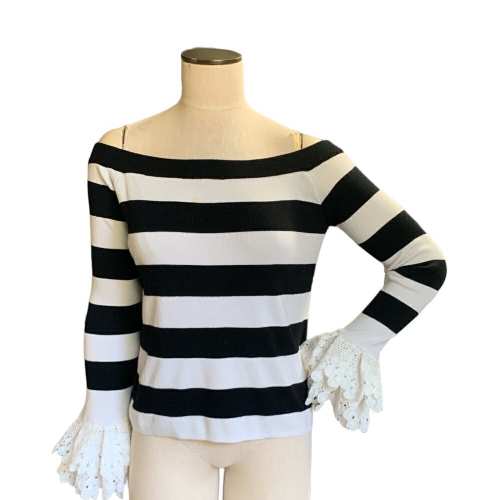 English Factory Mixed Media Striped Knit & White Eyelet Bell Sleeve Top M‎ #50M